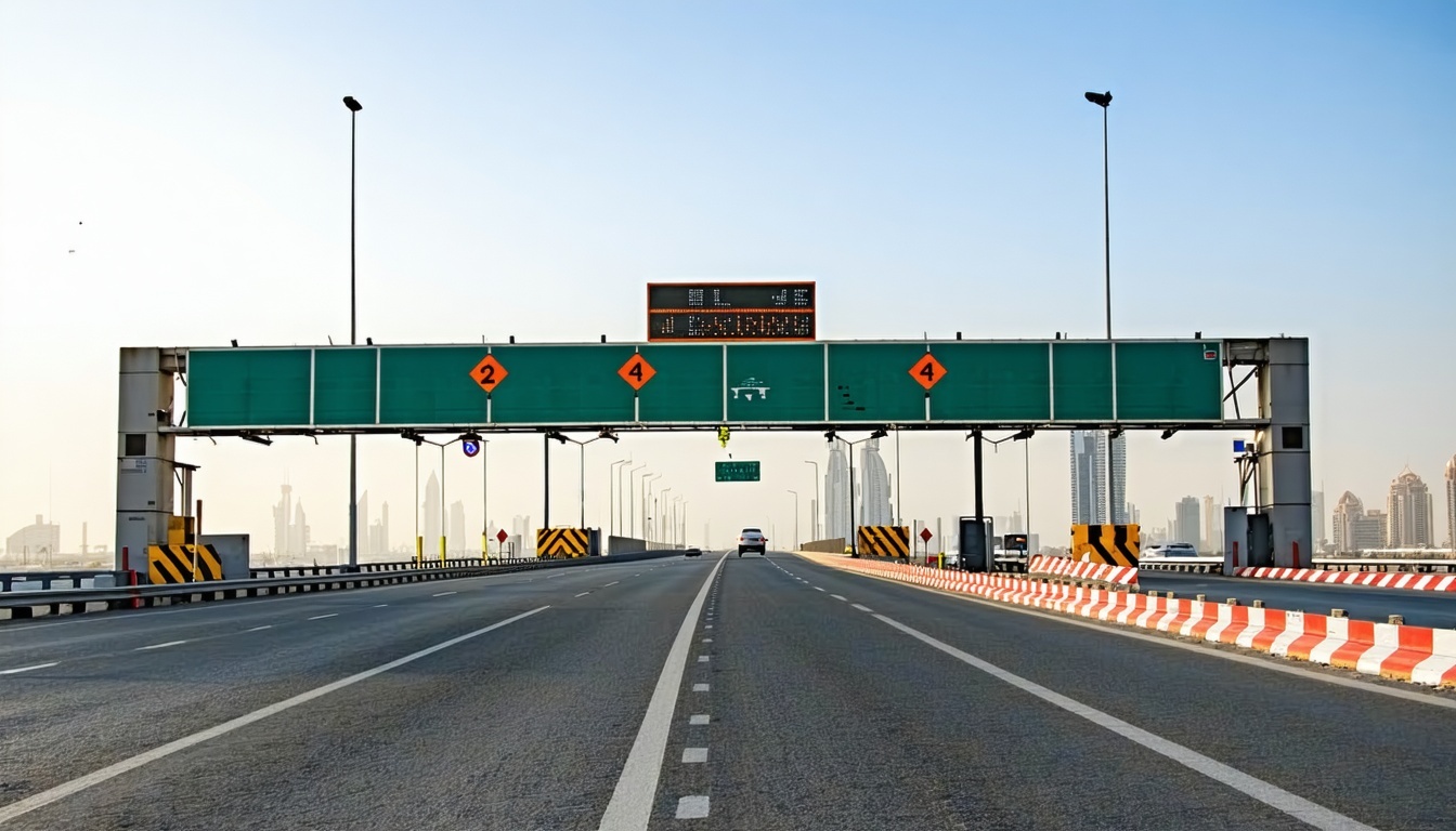 Modern Dubai road with electronic toll gate