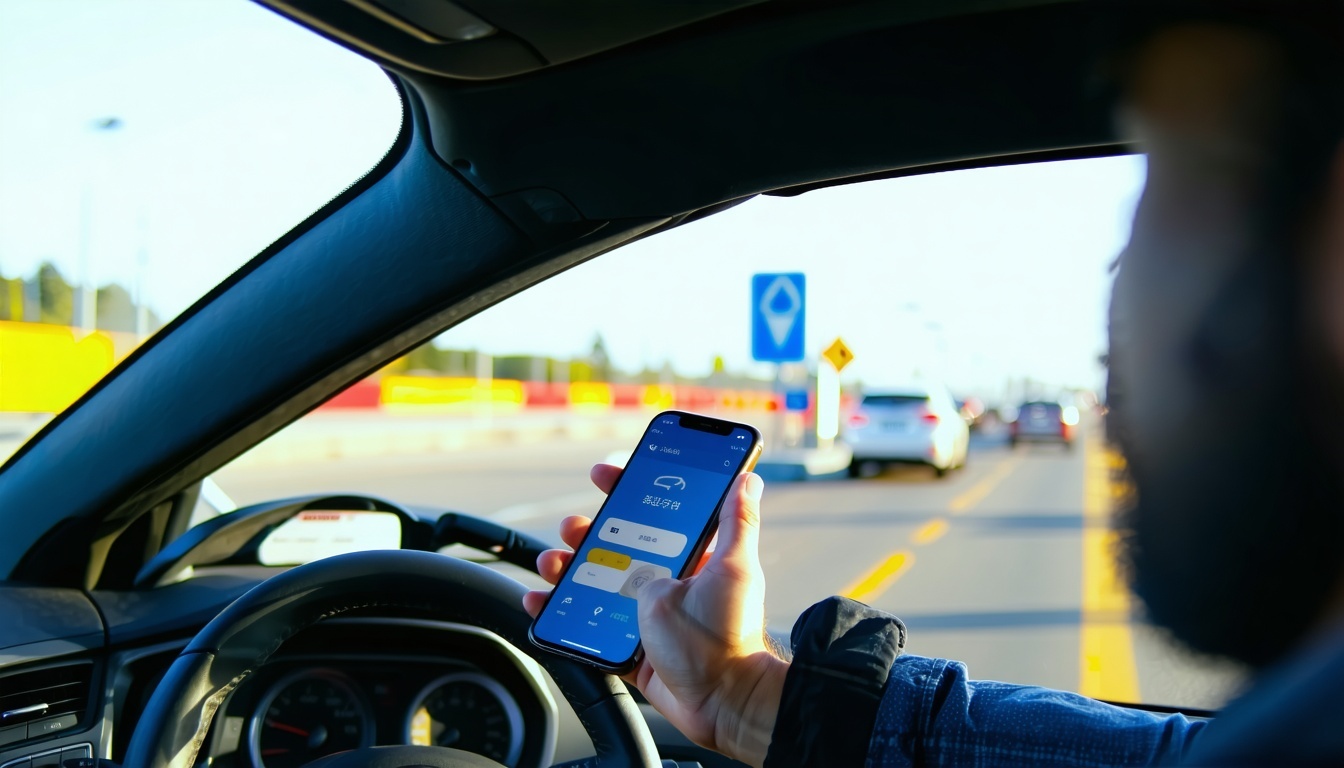 Driver using smart toll payment app in car
