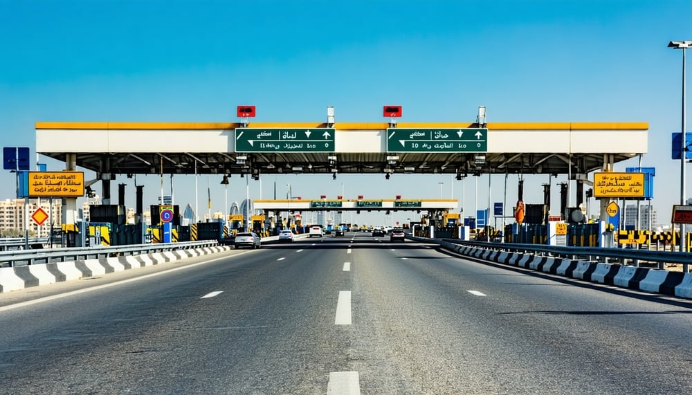 Dubai road toll system with vehicles passing through a toll gate