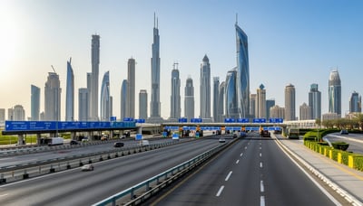 Dubai skyline with modern highways and toll gates