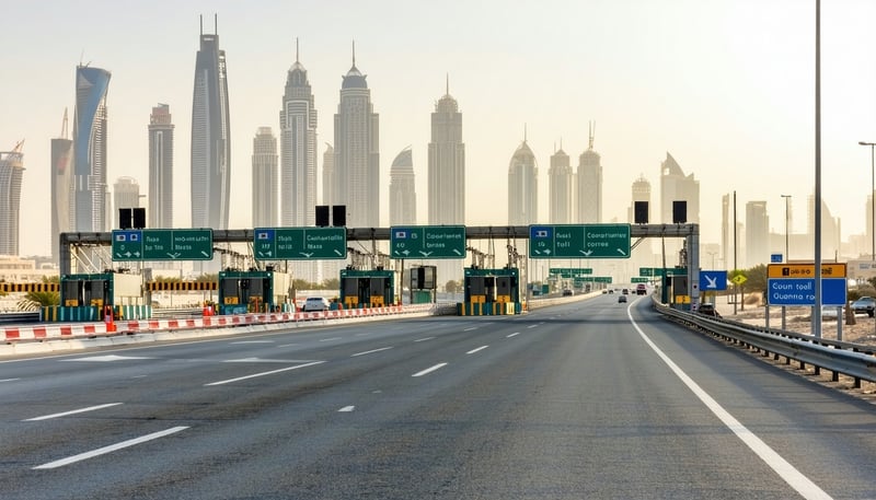 Modern Dubai highway featuring electronic toll gates and city skyline
